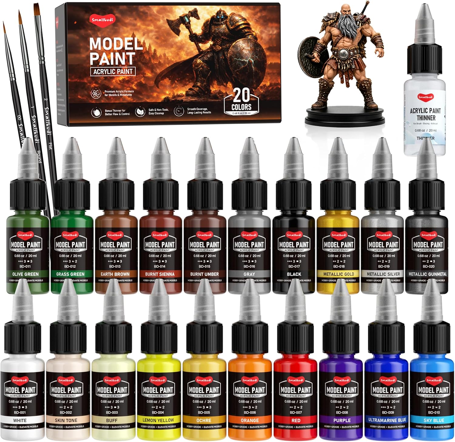 Smallbudi 20 Colors Model Paint Set (20ml/0.6oz), Modeling Acrylic Paint Set with 3 Brushes and 1 Thinner for
